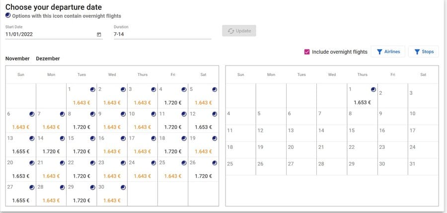 ITA Matrix Kalenderübersicht für günstige Business Class Flüge