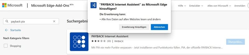 Payback PIA installieren in Microsoft Edge