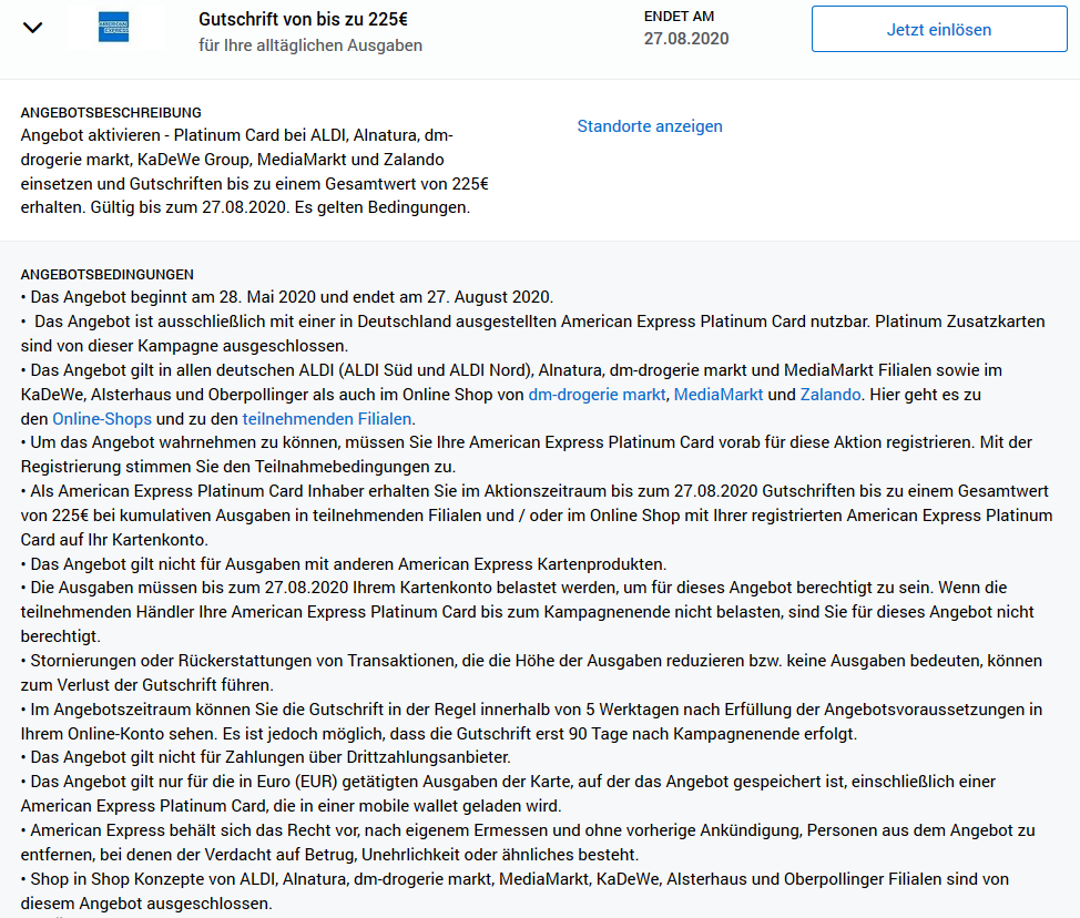 AMEX Offer 225 Euro Erstattung