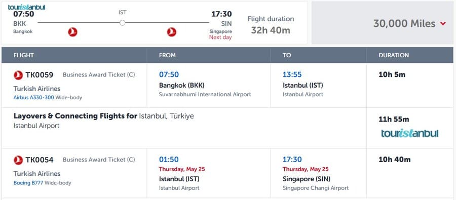 Miles and Smiles Sweet Spot Turkish Airlines von BKK nach SIN für 30.000 Meilen