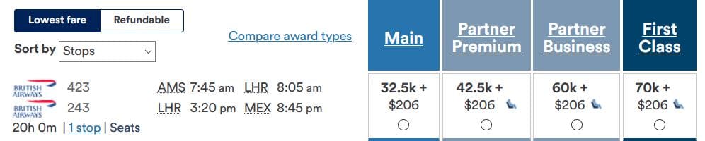 Alaska Mileage Plan British Airways First Class Amsterdam- Mexiko