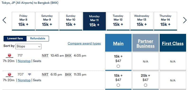 Alaska Mileage Plan JAL Business Class NRT- BKK