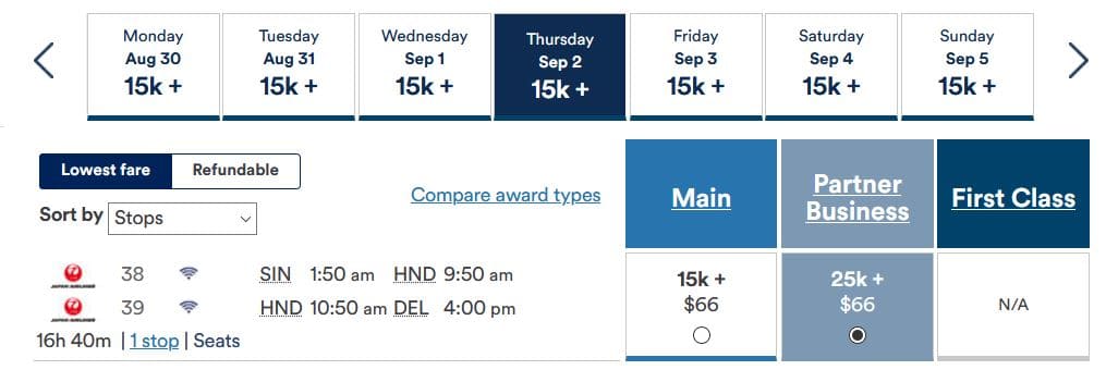 Alaska Mileage Plan JAL Business SIN- DEL