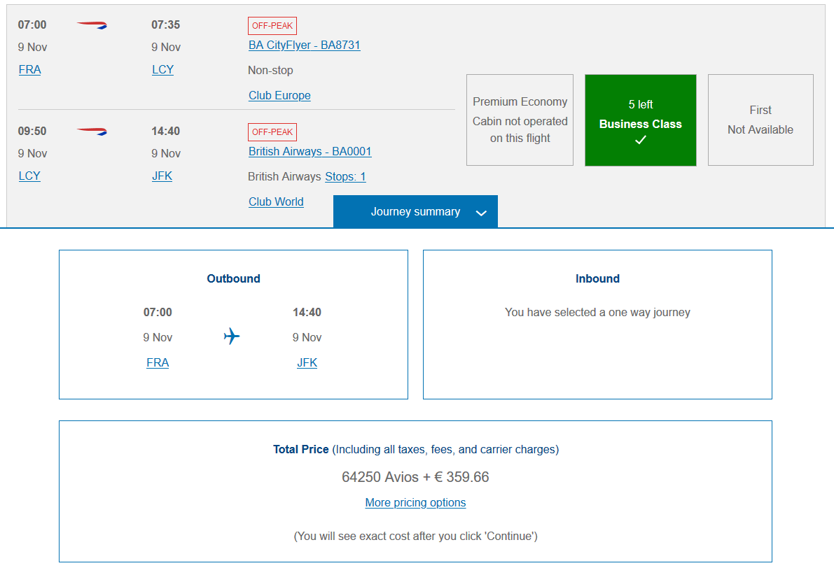 British Airways Prämienflug Business Class FRA-JFK