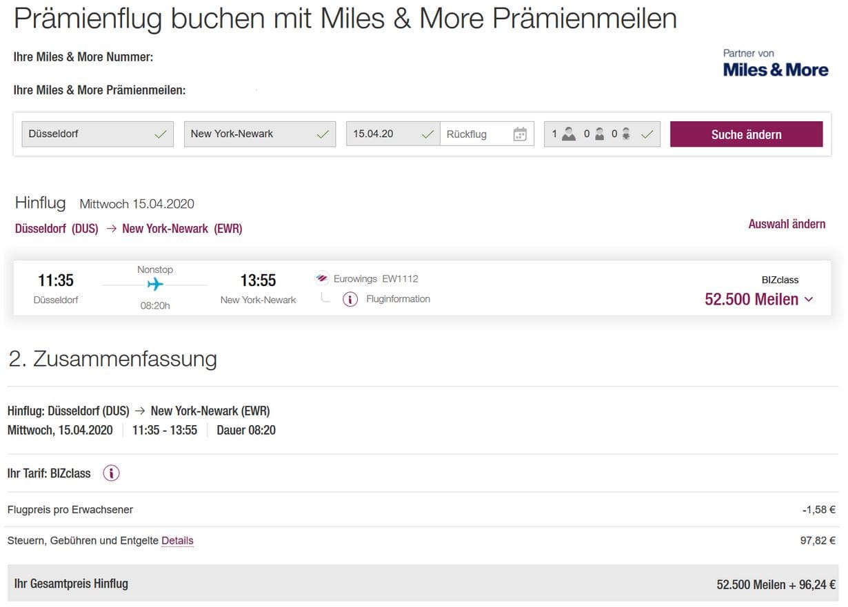 Miles & More Prämienflug Eurowings Business Class DUS-EWR