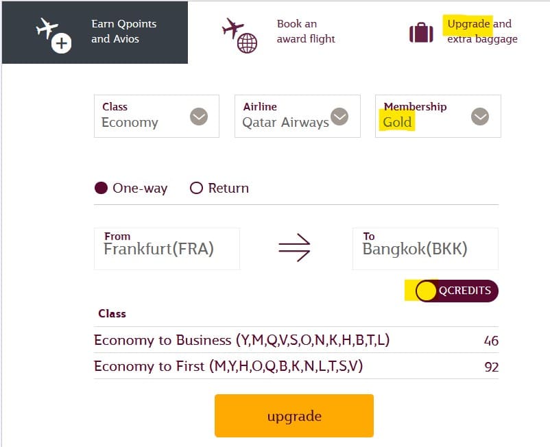 Qatar Airways Upgrades mit QCredits