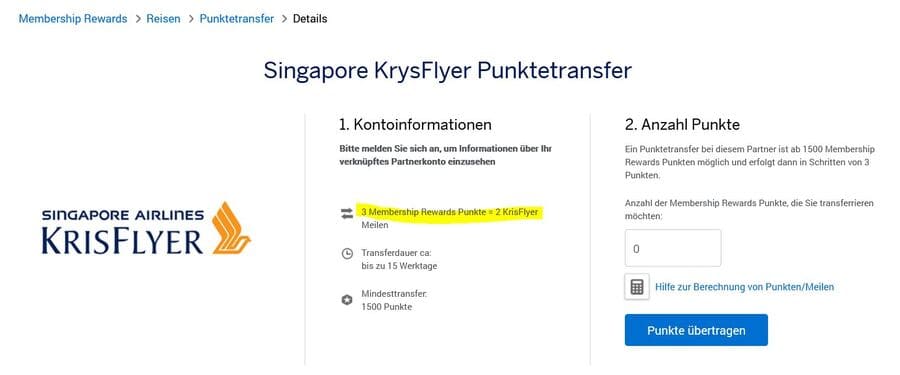 AMEX Punktetransfer zu Krisflyer