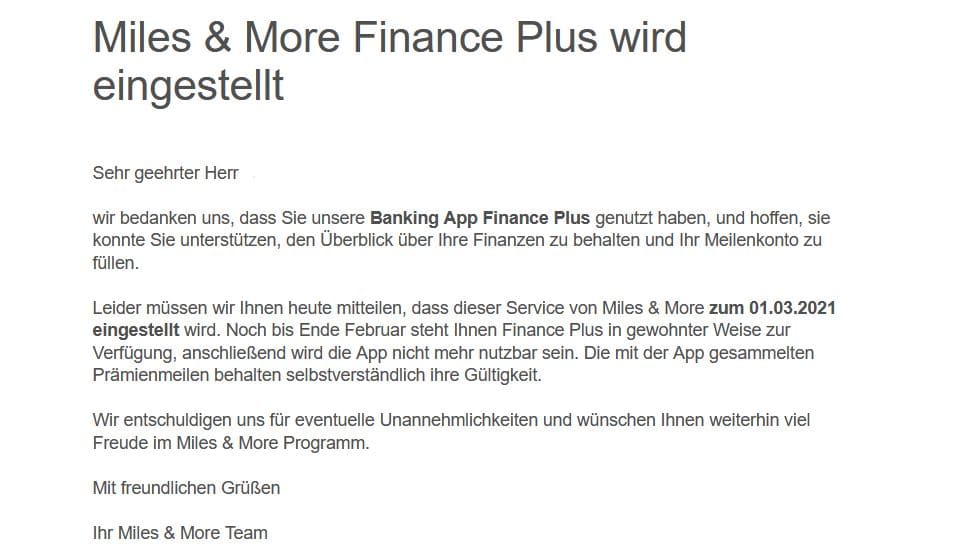Miles & More Finance Plus App wird eingestellt