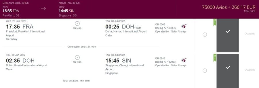 Qatar Airways Business Class FRA- SIN für 75.00 Avios