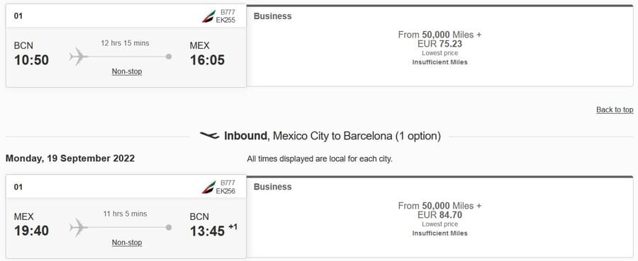 Emirates Business Class Barcelona- Mexiko
