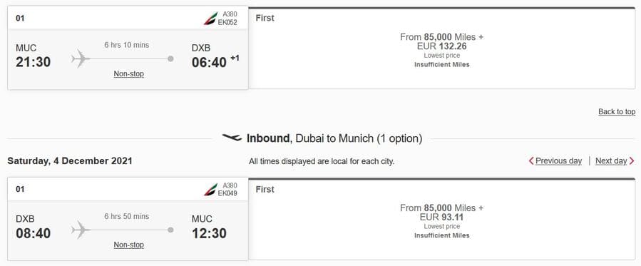 Emirates First Class MUC-DXB return