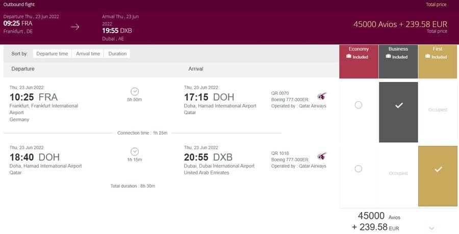 FRA- DXB Qatar Airways mit Treibstoffzuschlägen
