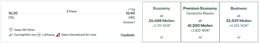 Swiss Business Class von Oslo nach Hongkong
