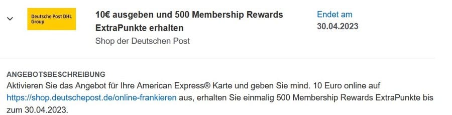 AMEX Offer Deutsche Post 500 AMEX Punkte