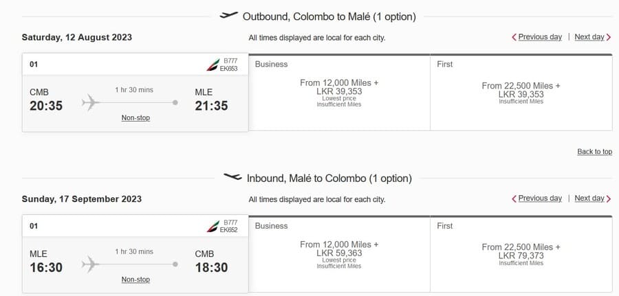 Emirates Sweet Spots First Class Colombo - Male