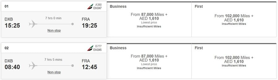 Emirates Skywards Business Class DXB- FRA