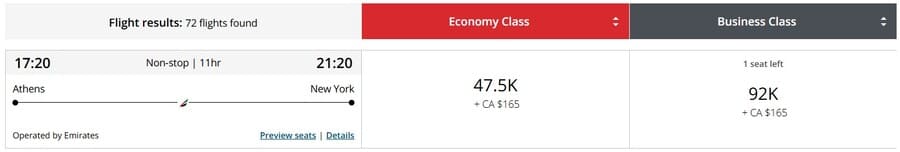 Aeroplan dynamische Preise für Emirates Business Class
