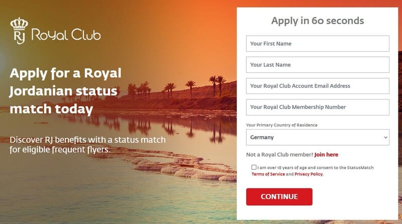 Royal Jordanian Status Match Oneworld Sapphire