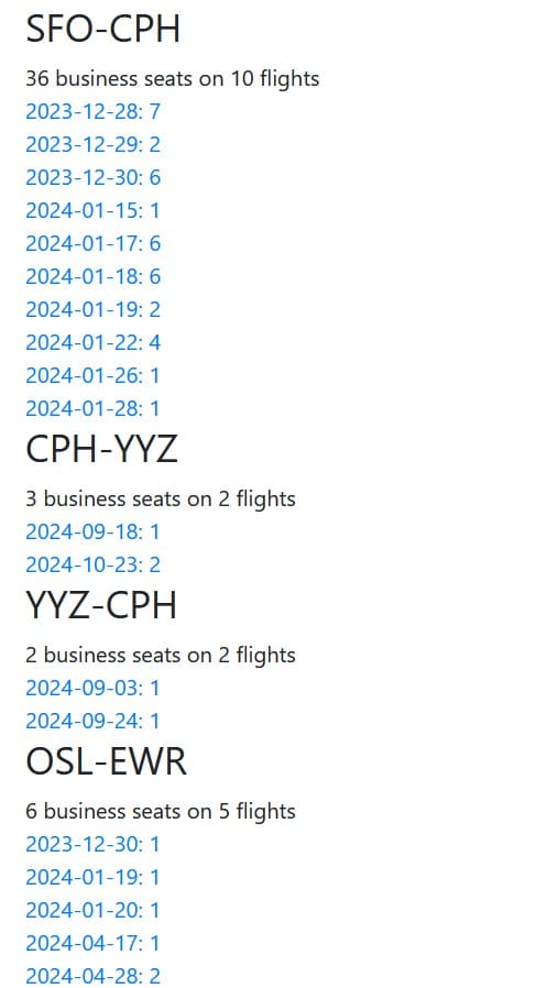SAS Prämienflüge buchen - Verfügbarkeiten Liste