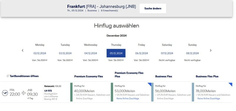 Lufthansa Verfügbarkeitne nach Johannesburg