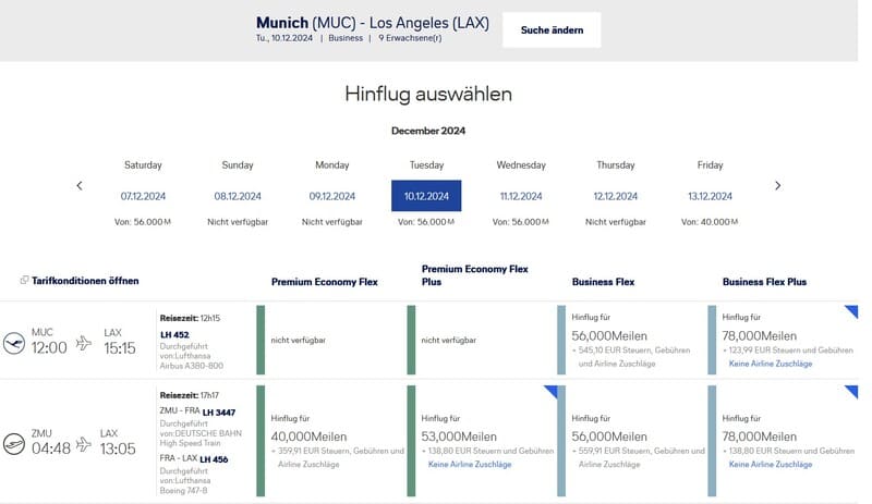 Lufthansa Verfügbarkeiten nach LAX